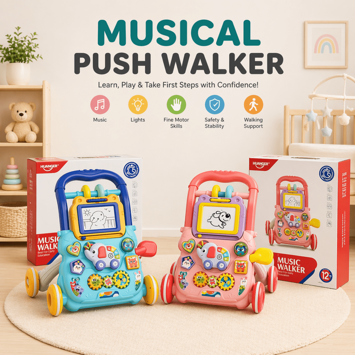 Huanger Large Baby Walker with Lights & Music – Cartoon Learning Push Walker