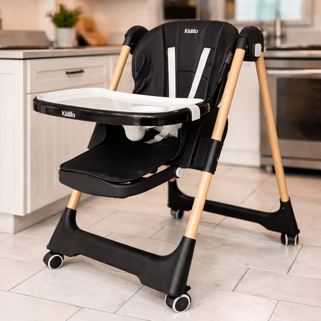 Kidilo  Adjustable 2-in-1 Baby Feeding High Chair with Reclining Seat, Wheels & 5-Point Safety Harness