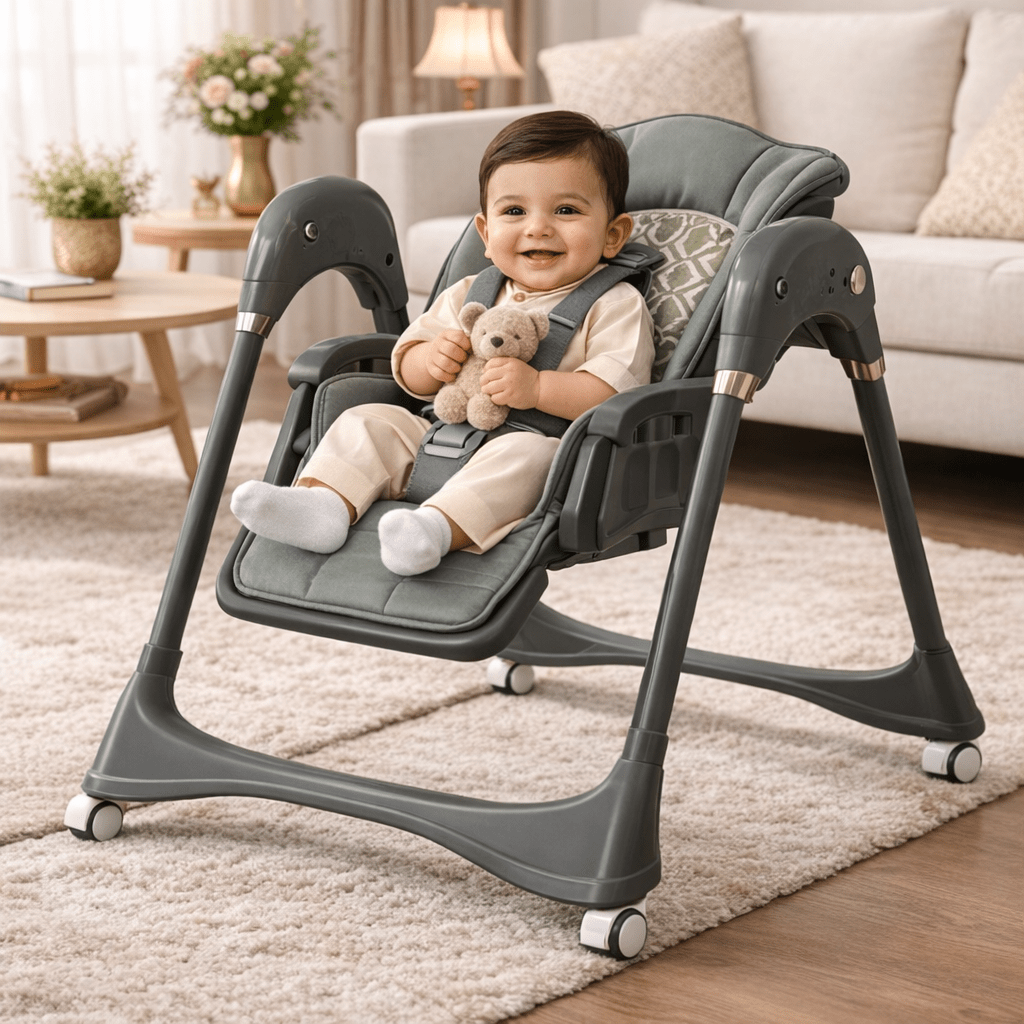 Kidilo Adjustable Electric  Baby Feeding High Chair with Wheels, Tray & Cushioned Seat
