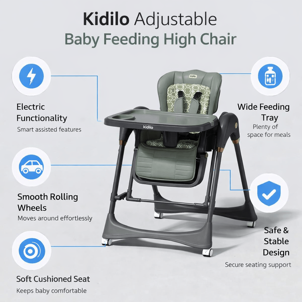 Kidilo Adjustable Electric  Baby Feeding High Chair with Wheels, Tray & Cushioned Seat
