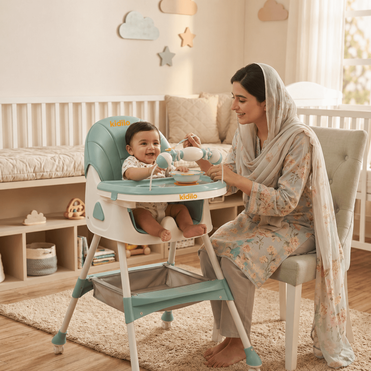 Kidilo Baby Feeding High Chair with Toy Bar & Storage