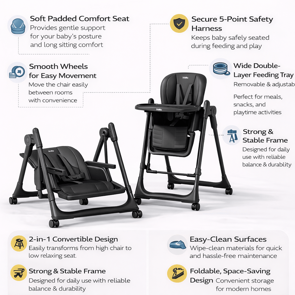 Kidilo Premium 2-in-1 Baby Feeding High Chair with Wheels & Safety Harness