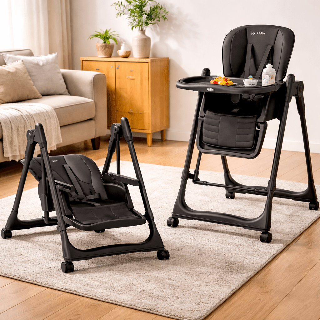 Kidilo Premium 2-in-1 Baby Feeding High Chair with Wheels & Safety Harness