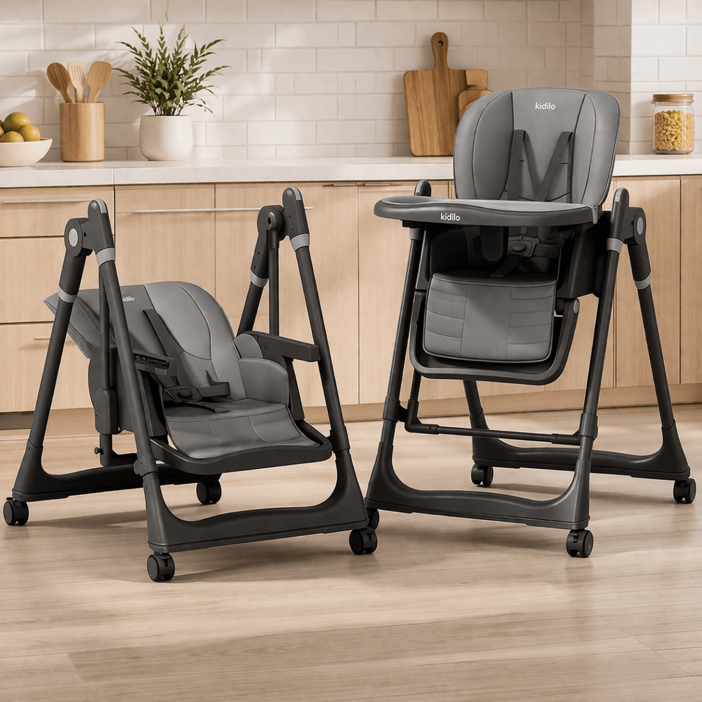 Kidilo Premium 2-in-1 Baby Feeding High Chair with Wheels & Safety Harness