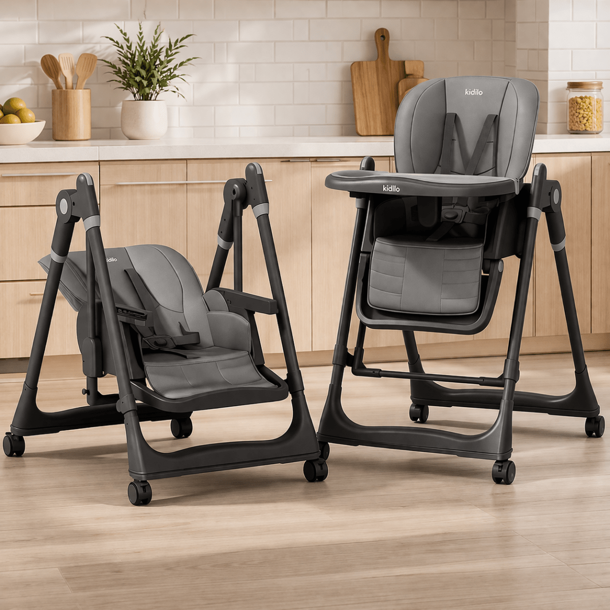 Kidilo Premium 2-in-1 Baby Feeding High Chair with Wheels & Safety Harness