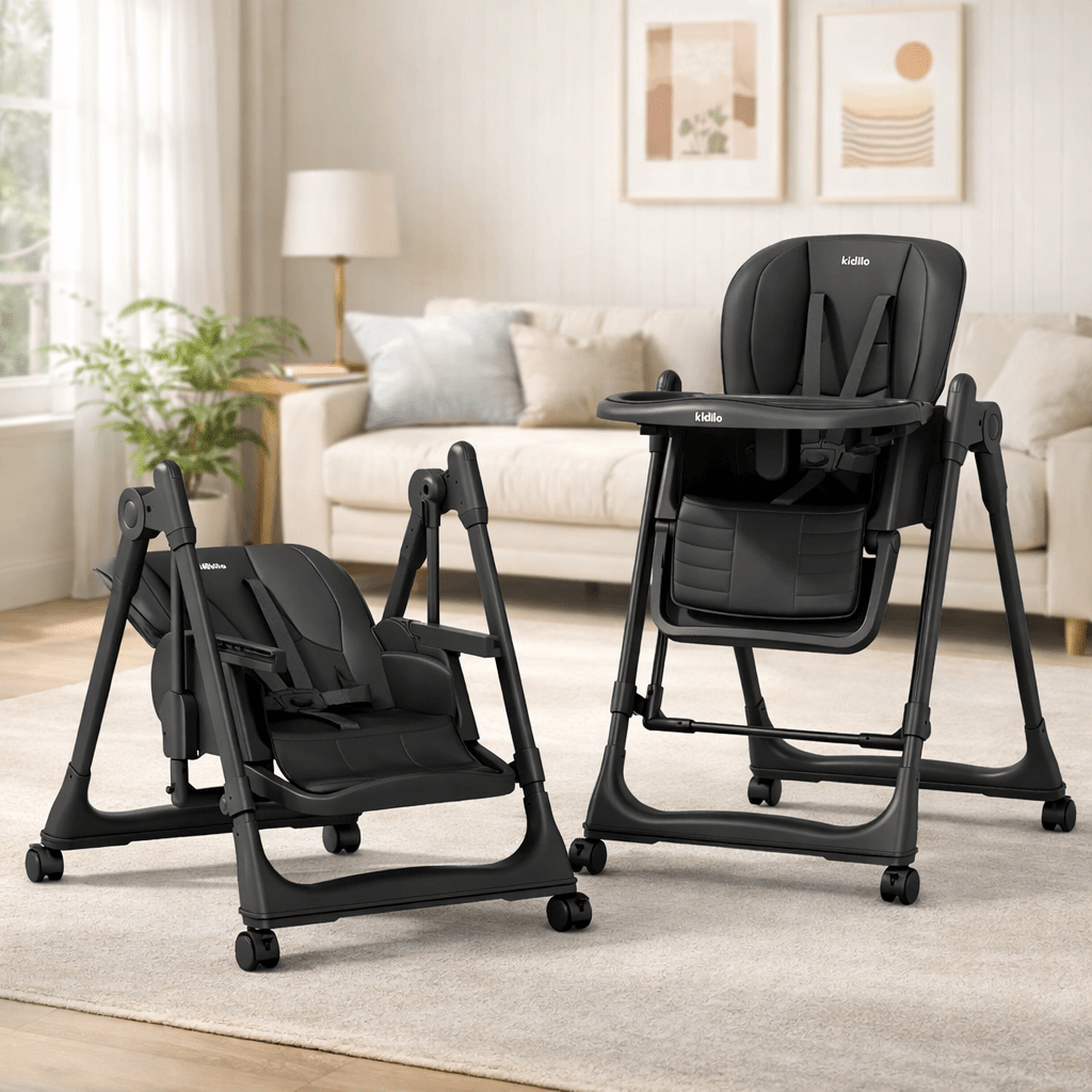 Kidilo Premium 2-in-1 Baby Feeding High Chair with Wheels & Safety Harness