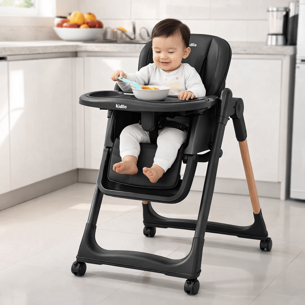 Kidilo Premium 2-in-1 Baby Feeding High Chair with Wheels & Safety Harness