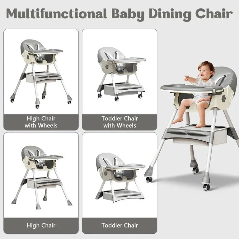 Kidilo Premium 3-in-1 Convertible Baby Feeding High Chair with Wheels