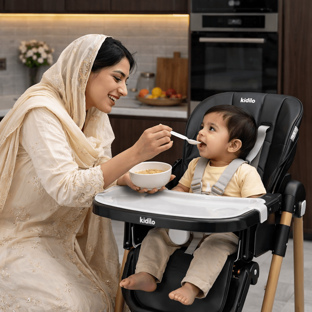 Kidilo  Adjustable 2-in-1 Baby Feeding High Chair with Reclining Seat, Wheels & 5-Point Safety Harness