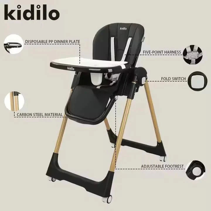 Kidilo  Adjustable 2-in-1 Baby Feeding High Chair with Reclining Seat, Wheels & 5-Point Safety Harness
