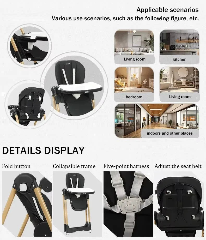 Kidilo  Adjustable 2-in-1 Baby Feeding High Chair with Reclining Seat, Wheels & 5-Point Safety Harness