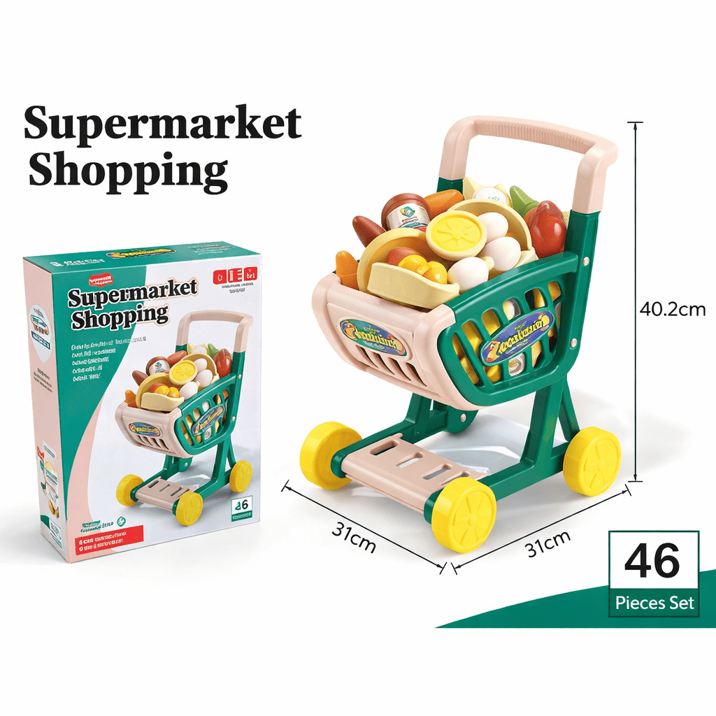 Little Shopper Supermarket Cart Set for Kids – 32-Piece Grocery Play Set with Push Cart & Food Accessories