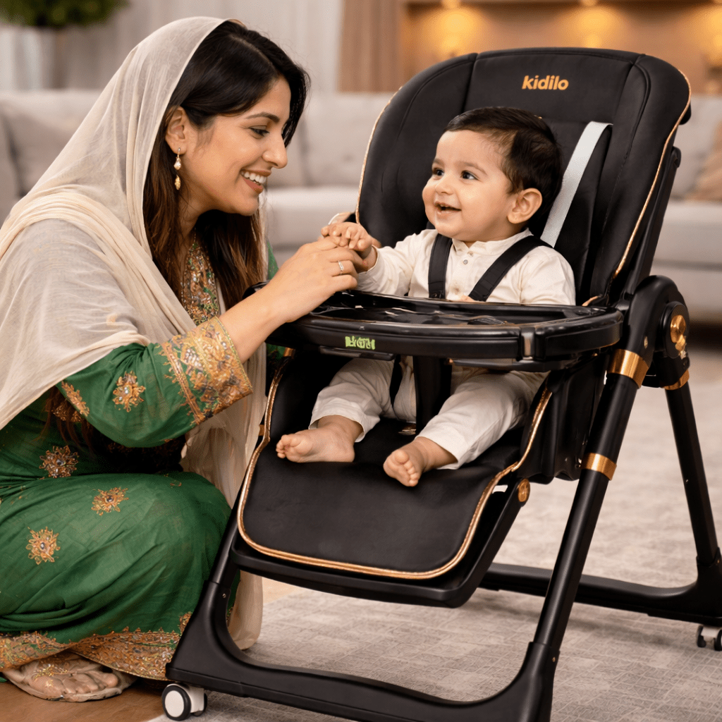 Luxury Adjustable Baby Feeding High Chair with Safety Harness & Storage Basket