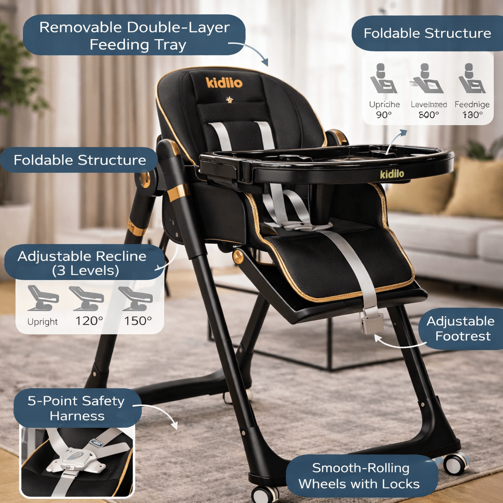 Luxury Adjustable Baby Feeding High Chair with Safety Harness & Storage Basket