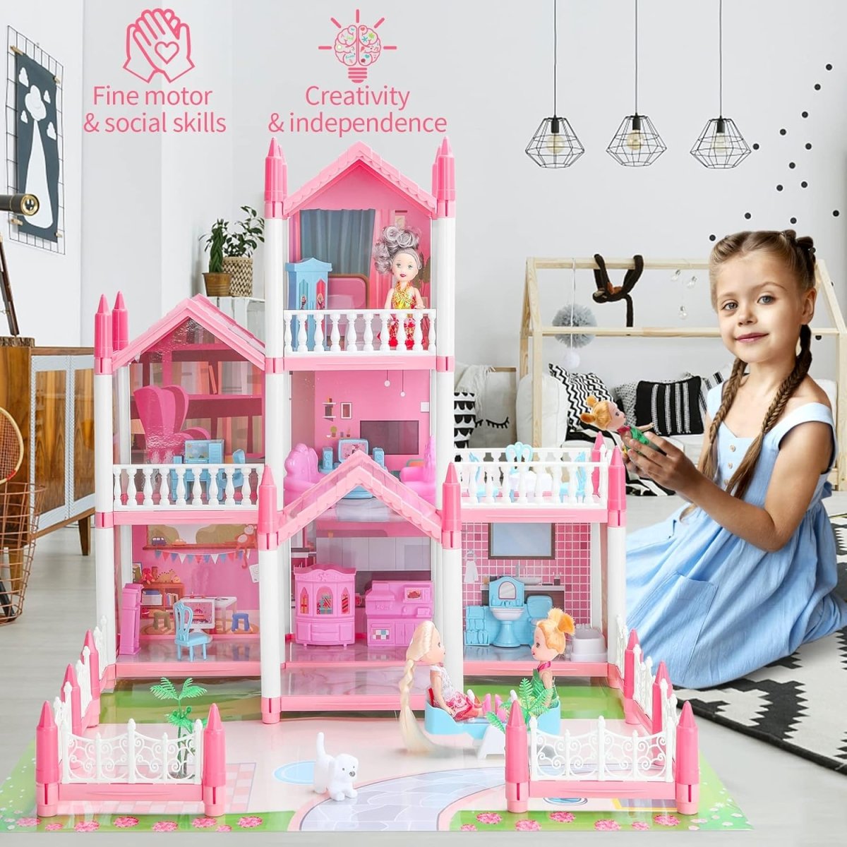 Luxury Doll House with 5 Rooms & 2 Terraces – Complete Furniture Set
