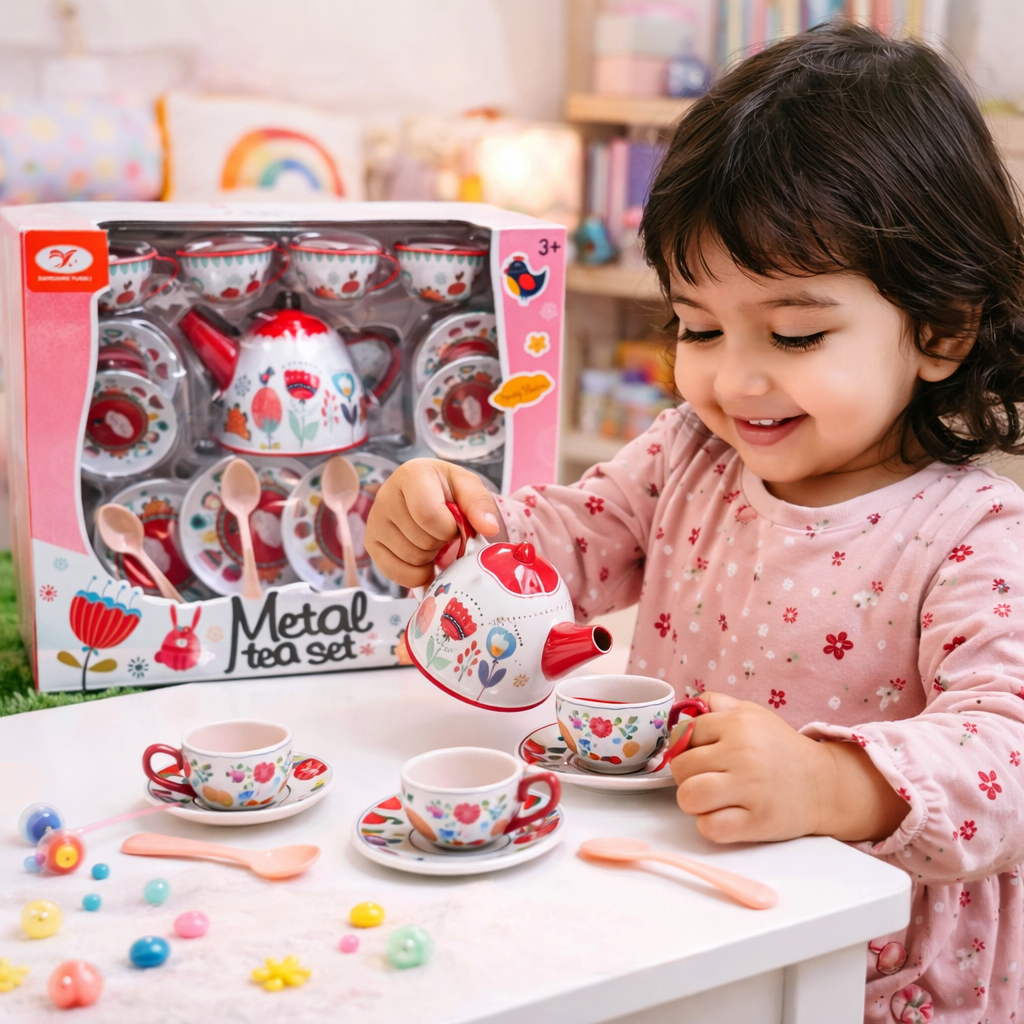 Metal Tea Set for Kids – Pretend Play Tea Party Set with Cups & Kettle