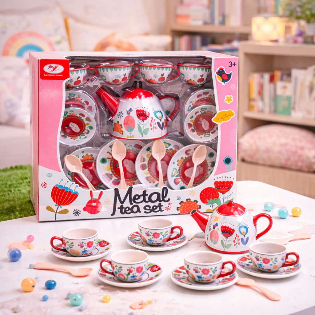 Metal Tea Set for Kids – Pretend Play Tea Party Set with Cups & Kettle