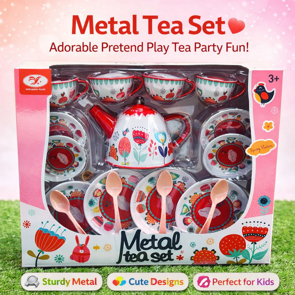 Metal Tea Set for Kids – Pretend Play Tea Party Set with Cups & Kettle