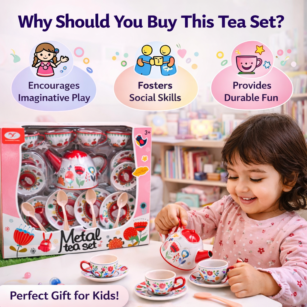 Metal Tea Set for Kids – Pretend Play Tea Party Set with Cups & Kettle