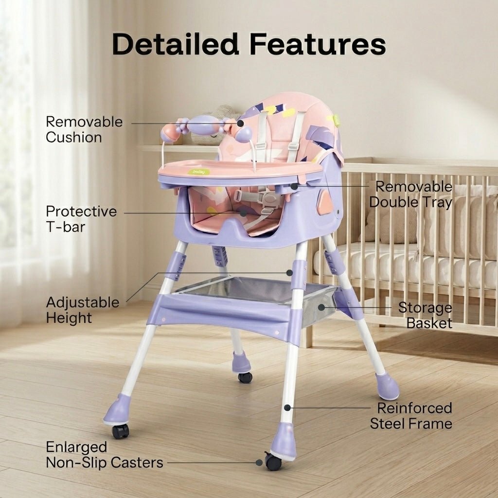 MotherCare Baby Feeding High Chair with Toy Bar - Pink & Purple