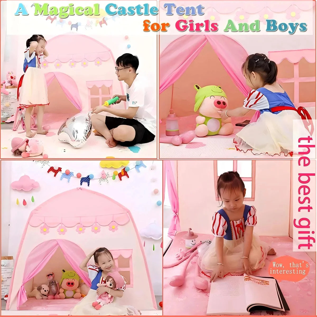 Princess Pink Castle Kids Play Tent with Windows &  Roll-Up Door