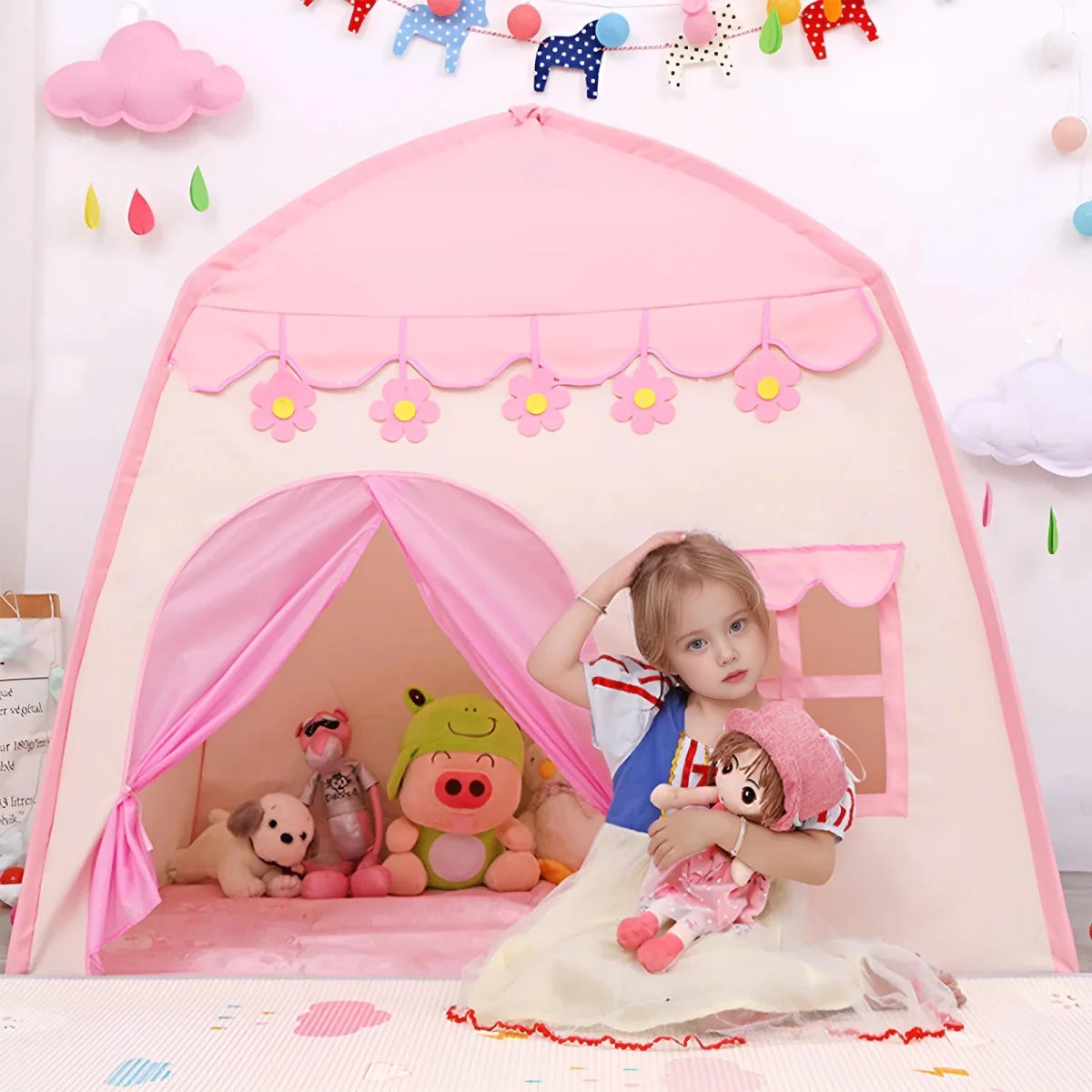 Princess Pink Castle Kids Play Tent with Windows &  Roll-Up Door
