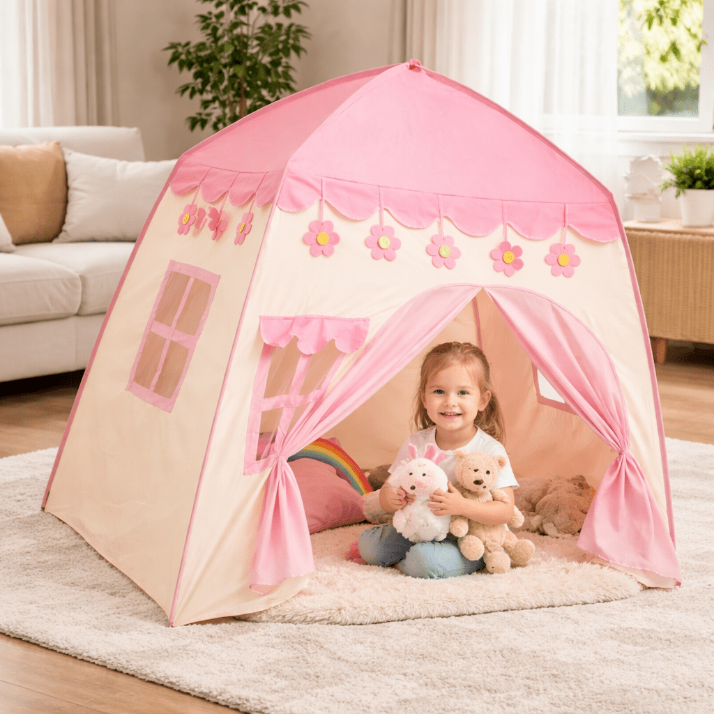 Princess Pink Castle Kids Play Tent with Windows &  Roll-Up Door