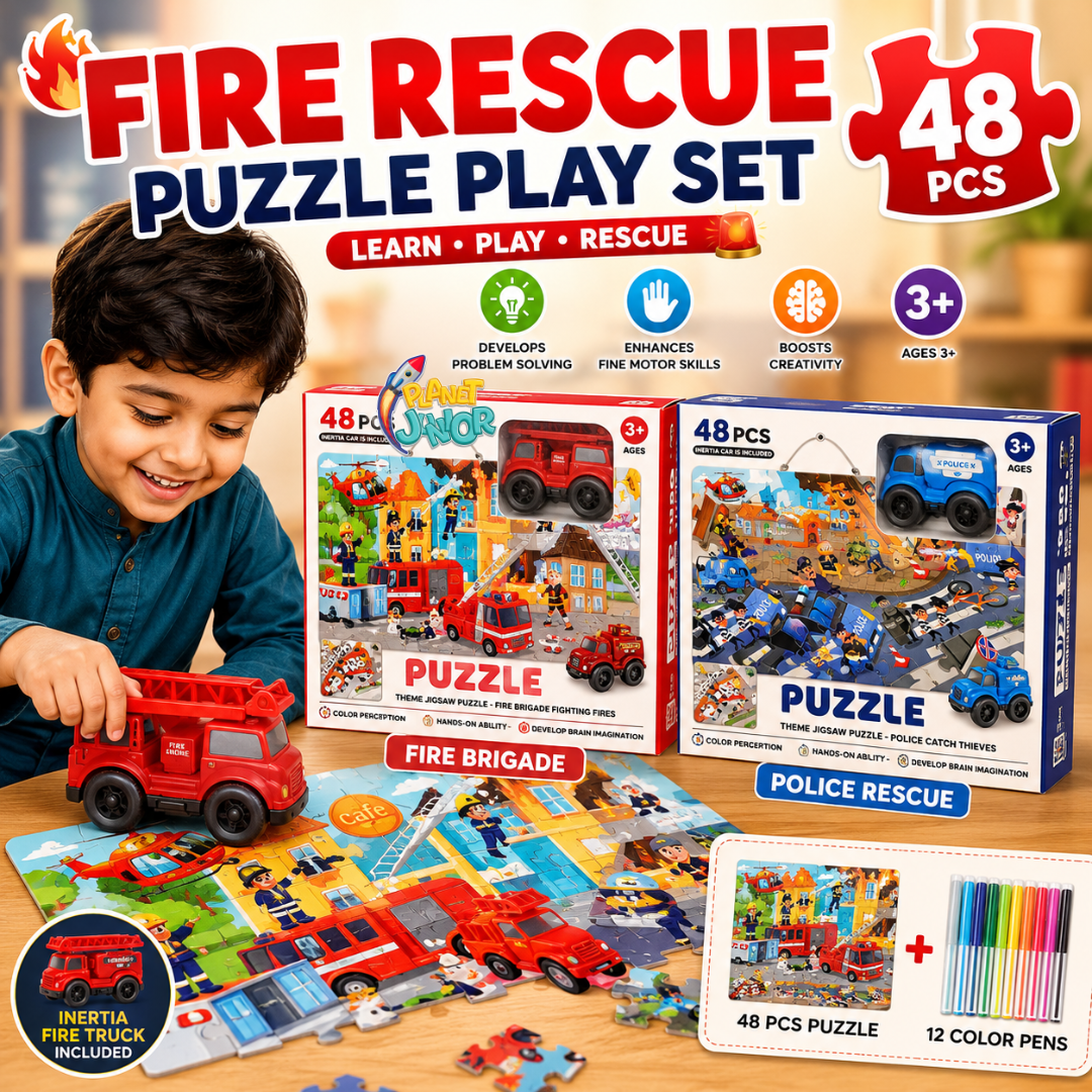 48-Piece Rescue Theme Wooden Puzzle Activity Set with Inertia Vehicle & Color Pens