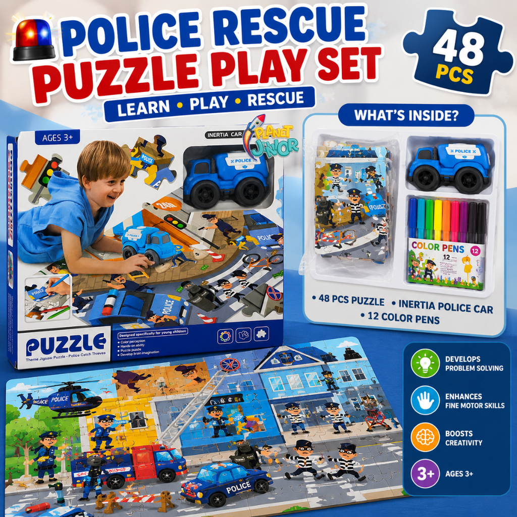 48-Piece Rescue Theme Wooden Puzzle Activity Set with Inertia Vehicle & Color Pens
