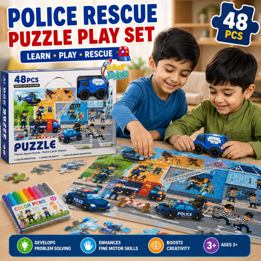 48-Piece Rescue Theme Wooden Puzzle Activity Set with Inertia Vehicle & Color Pens