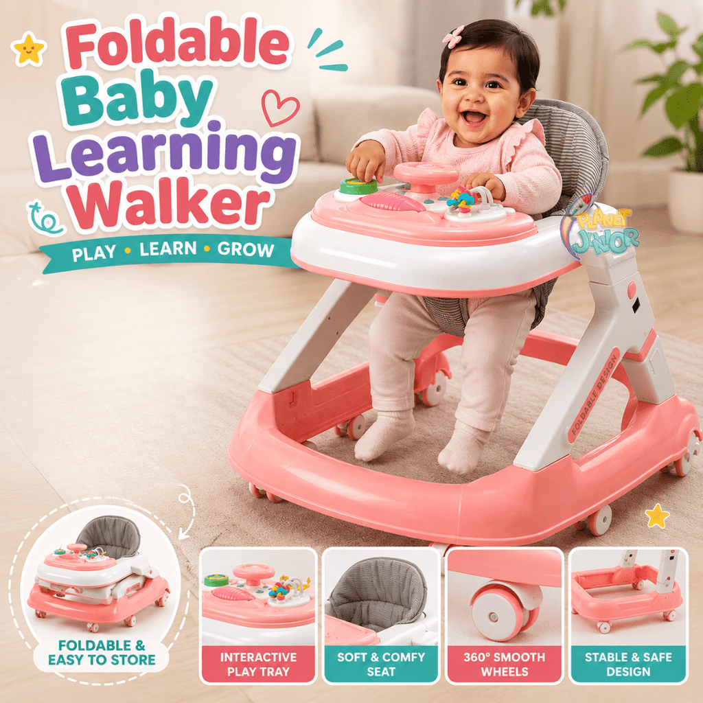 3 in 1 Foldable Baby Multifunctional Walker with Activity Tray, Handle & Padded Seat