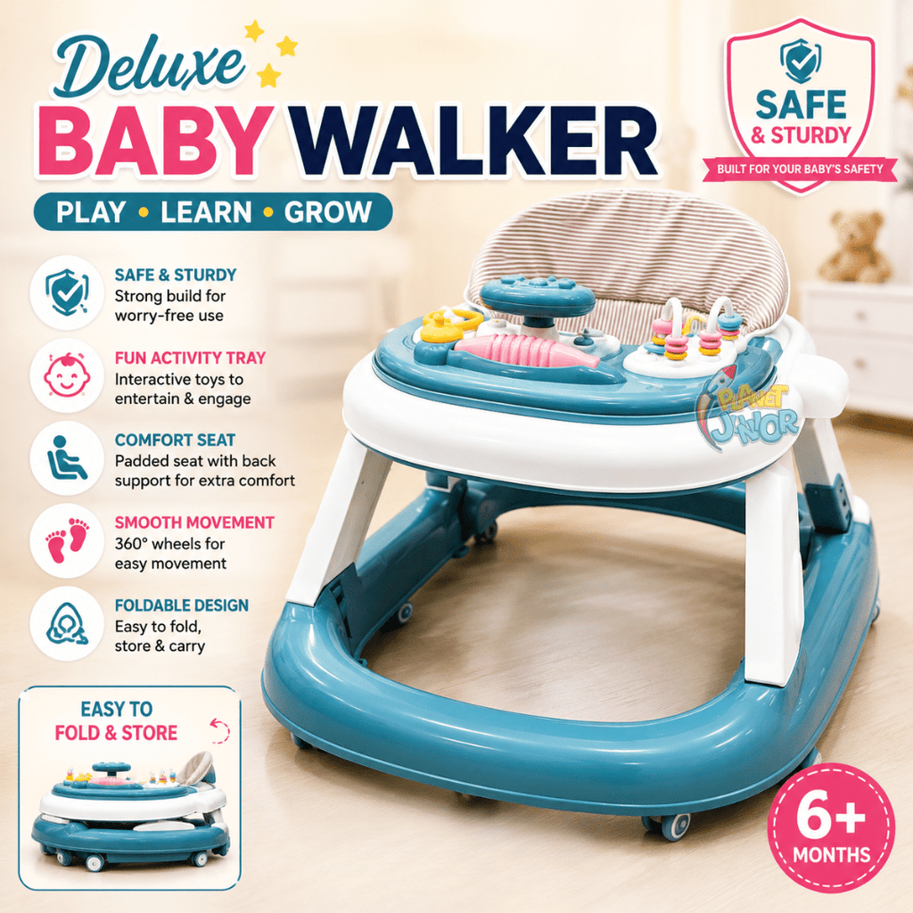 Height Adjustable & Foldable Baby Walker with Steering Wheel Activity Tray
