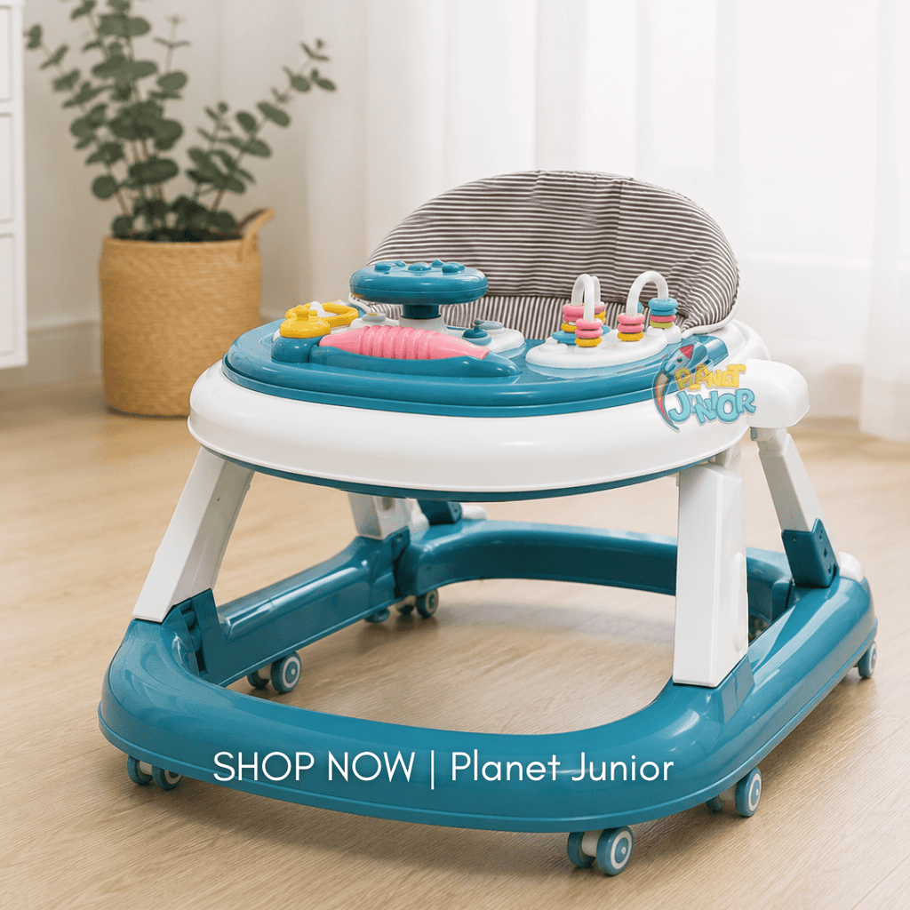 Height Adjustable & Foldable Baby Walker with Steering Wheel Activity Tray