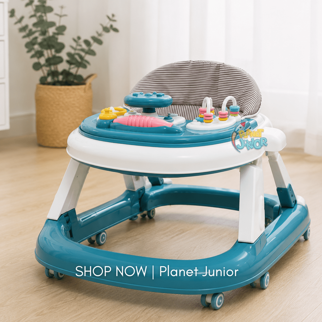 Height Adjustable & Foldable Baby Walker with Steering Wheel Activity Tray