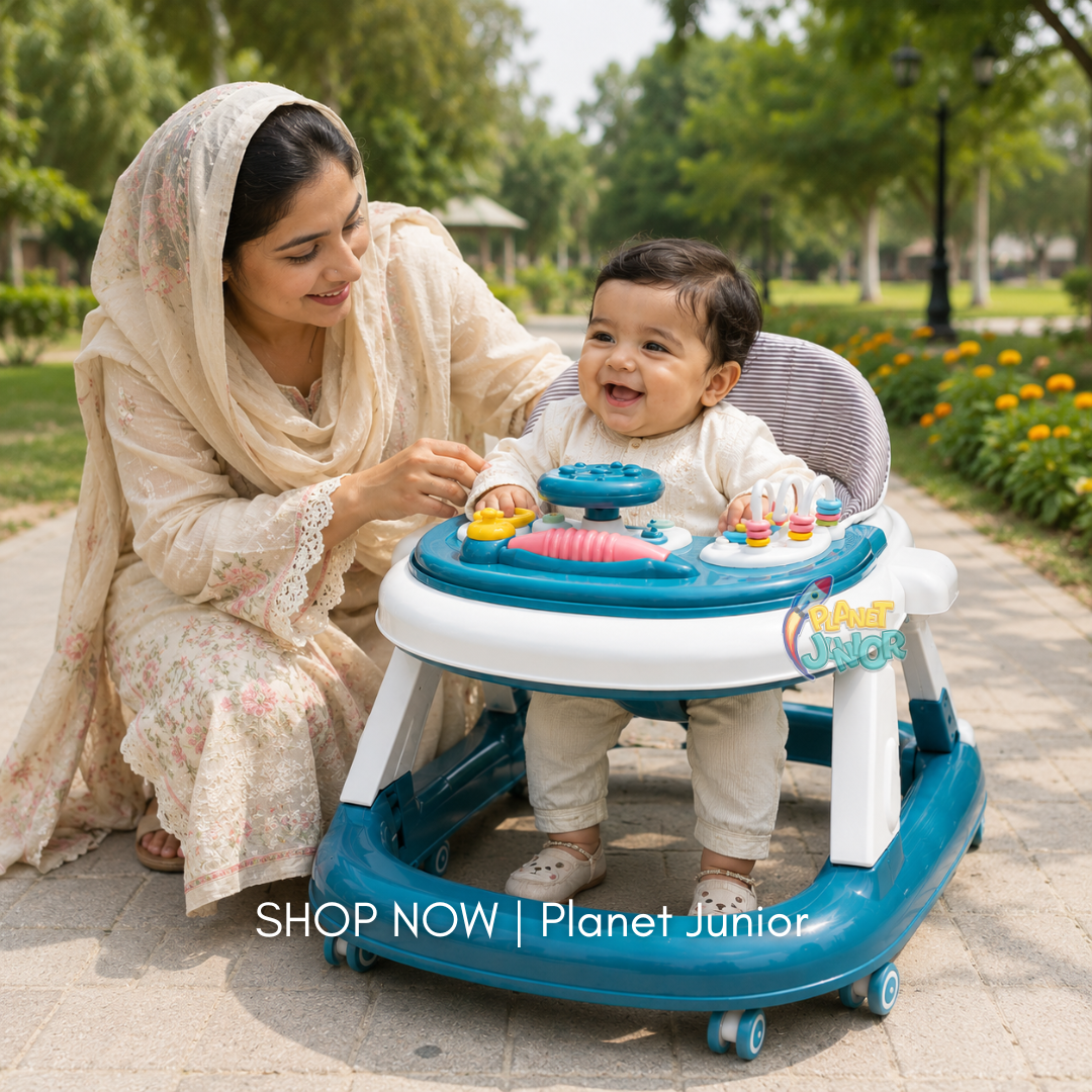 Height Adjustable & Foldable Baby Walker with Steering Wheel Activity Tray