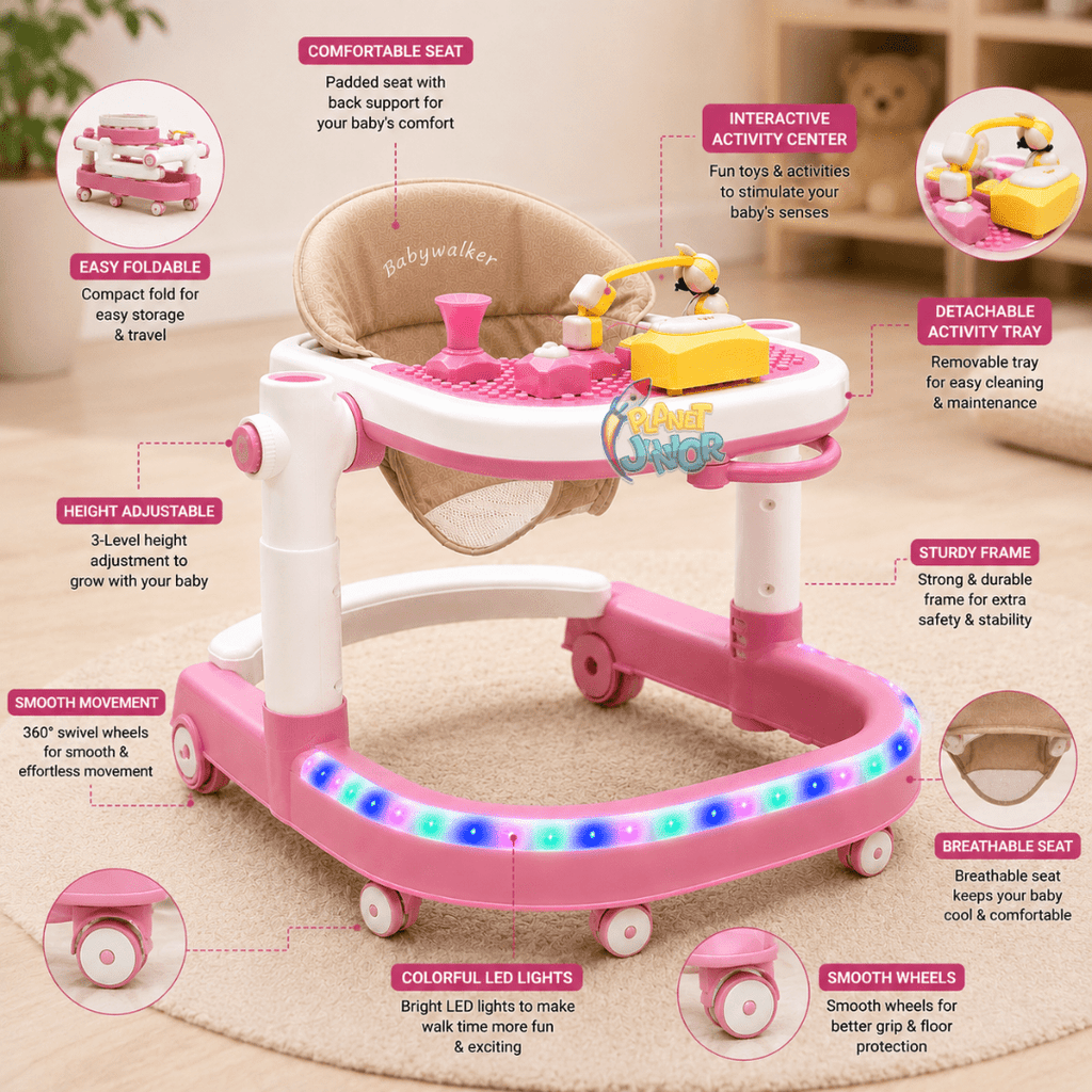 Foldable 3-in-1 Baby Walker with Activity Tray, Music & Lights