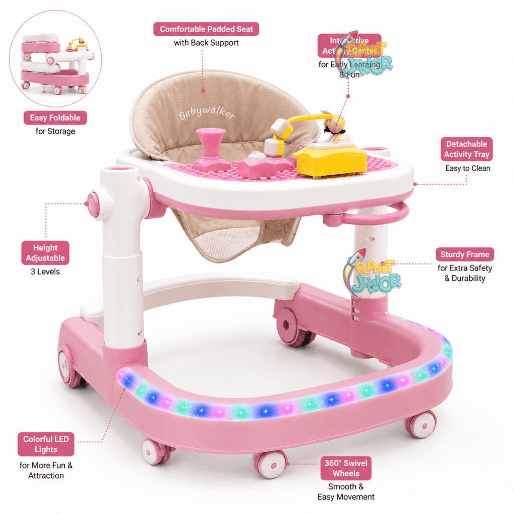 Foldable 3-in-1 Baby Walker with Activity Tray, Music & Lights