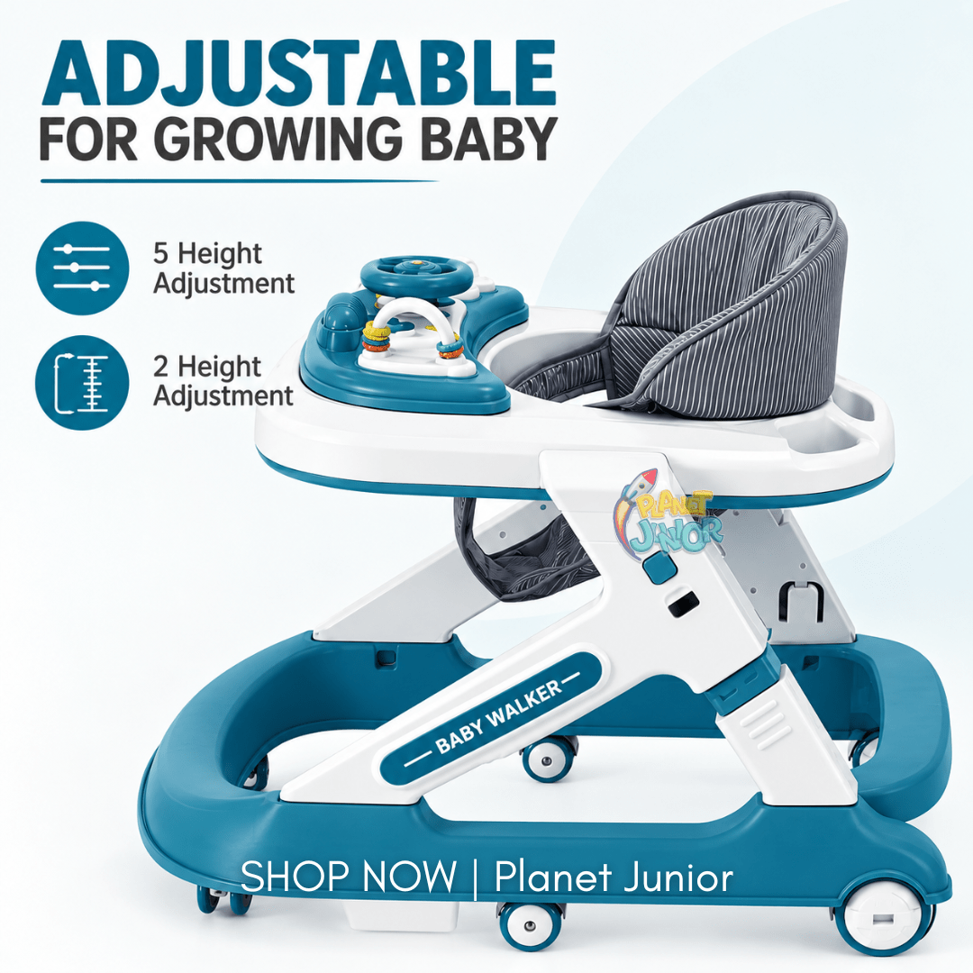 Height Adjustable & Foldable Baby Walker with Steering Wheel Activity Tray