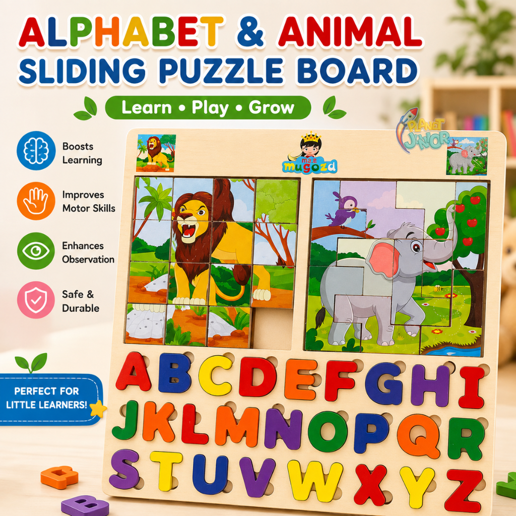 Wooden Alphabet & Animal Sliding Puzzle Learning Board