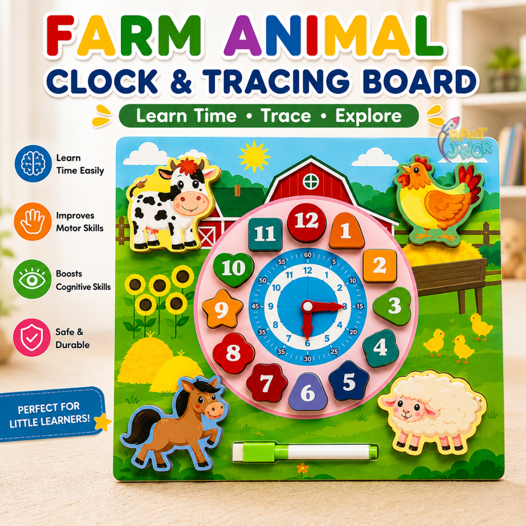 Wooden Farm Animal Clock & Tracing Learning Board