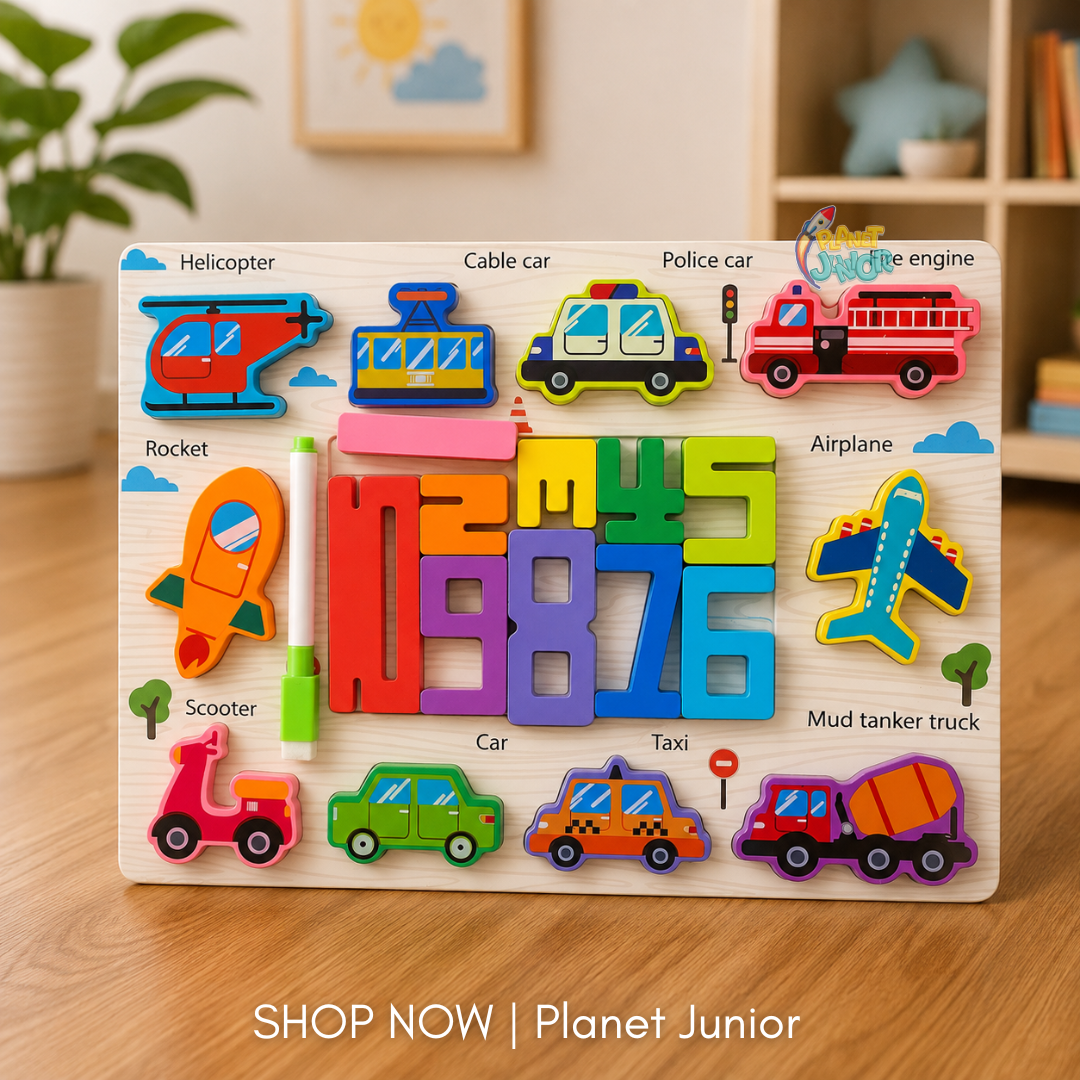 2-in-1 Wooden Number Puzzle Board – Animals & Vehicles