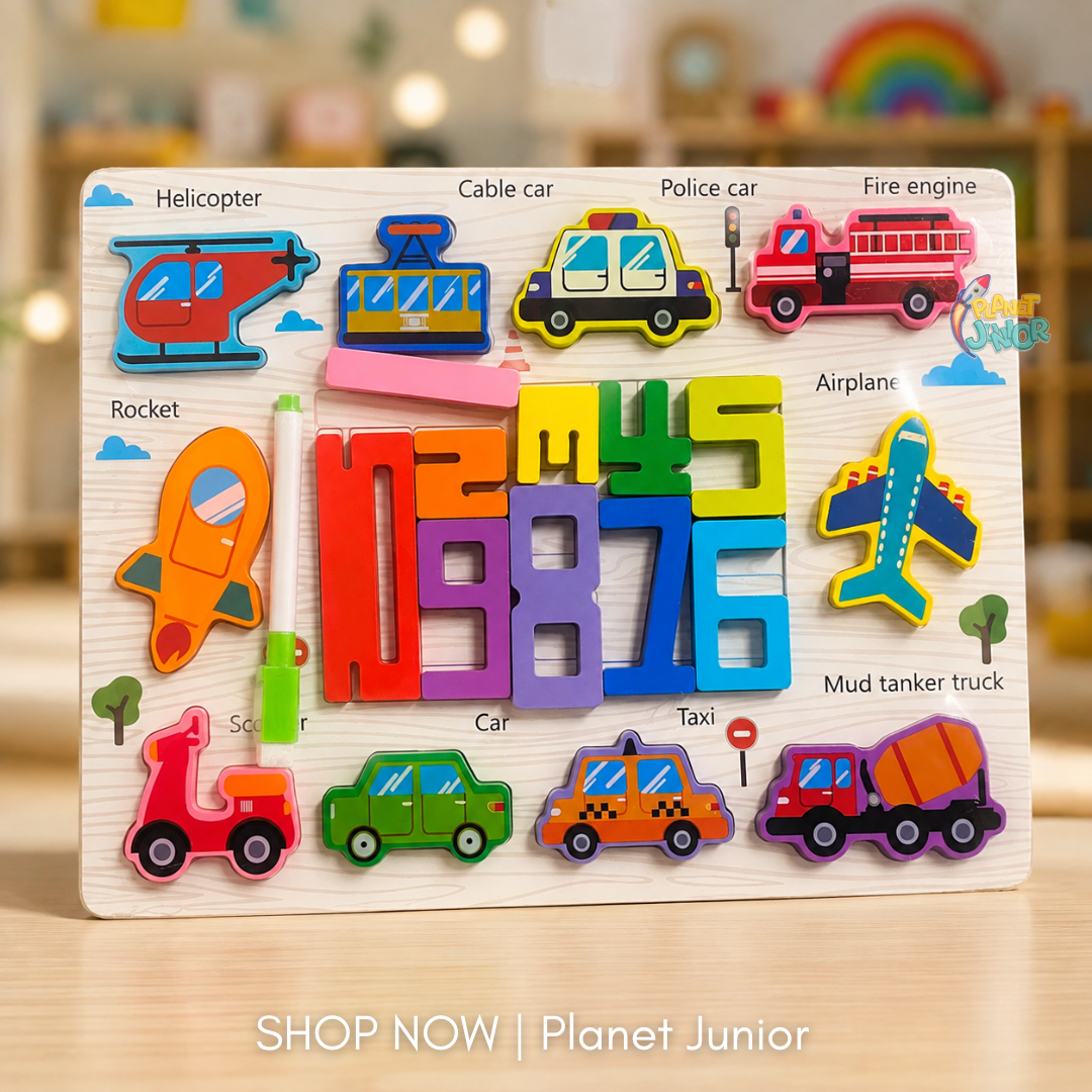 2-in-1 Wooden Number Puzzle Board – Animals & Vehicles