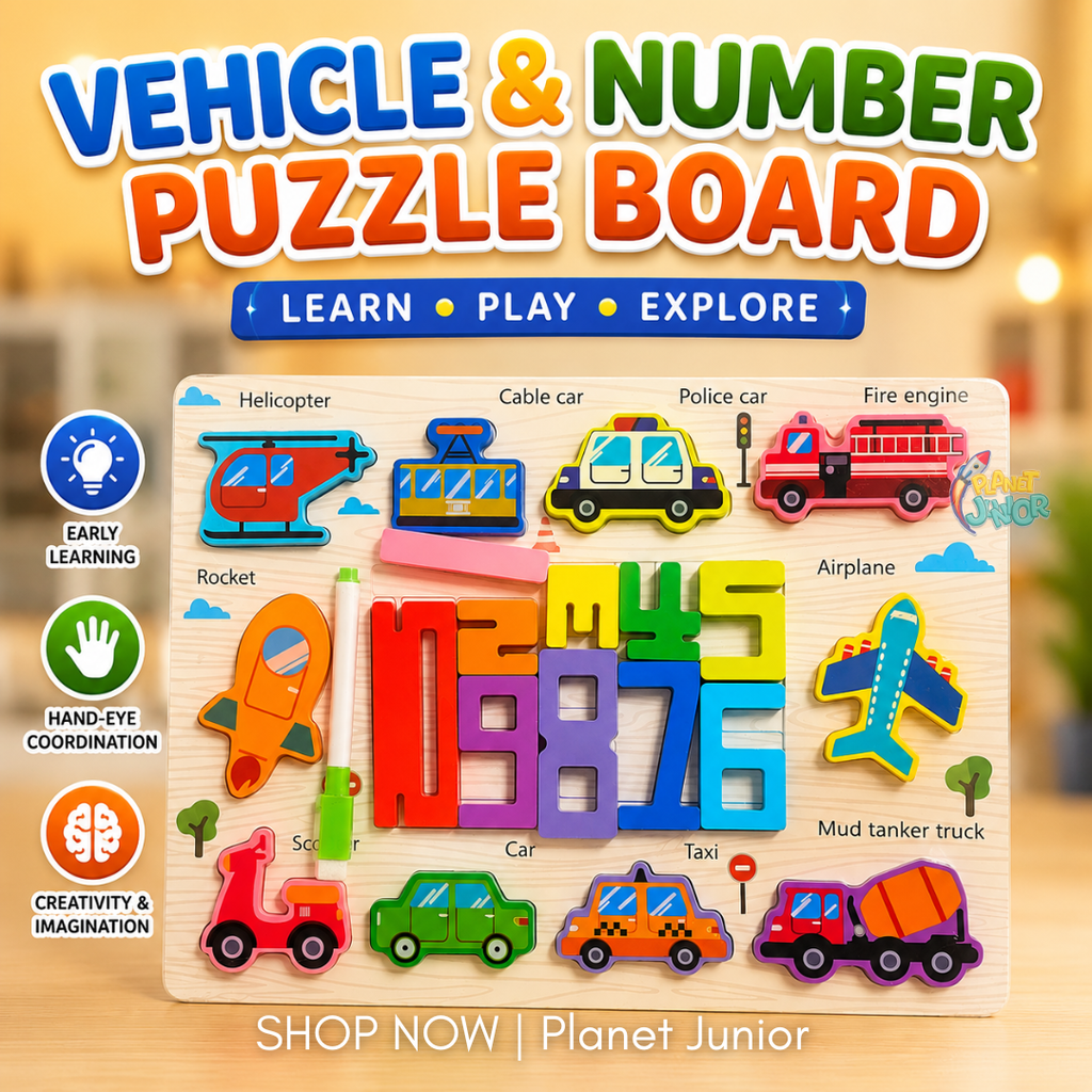 2-in-1 Wooden Number Puzzle Board – Animals & Vehicles
