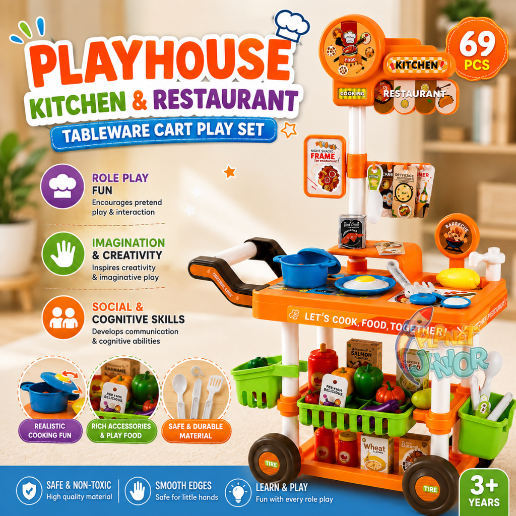 69-Piece Kids Playhouse Kitchen & Restaurant Tableware Cart Pretend Play Set