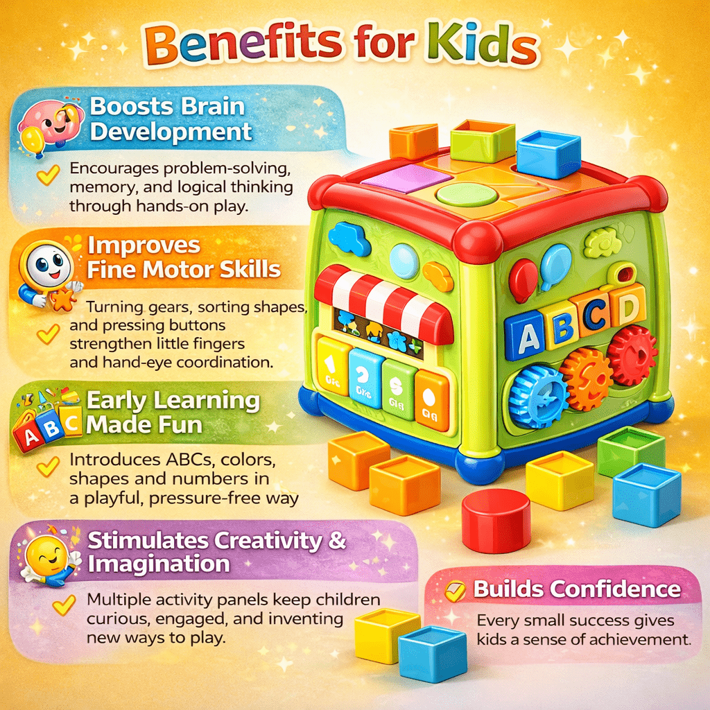 Huanger Smart Learning Activity Cube for Kids – Multi-Function Educational Play Cube with Shape Sorter, ABC Blocks & Gears