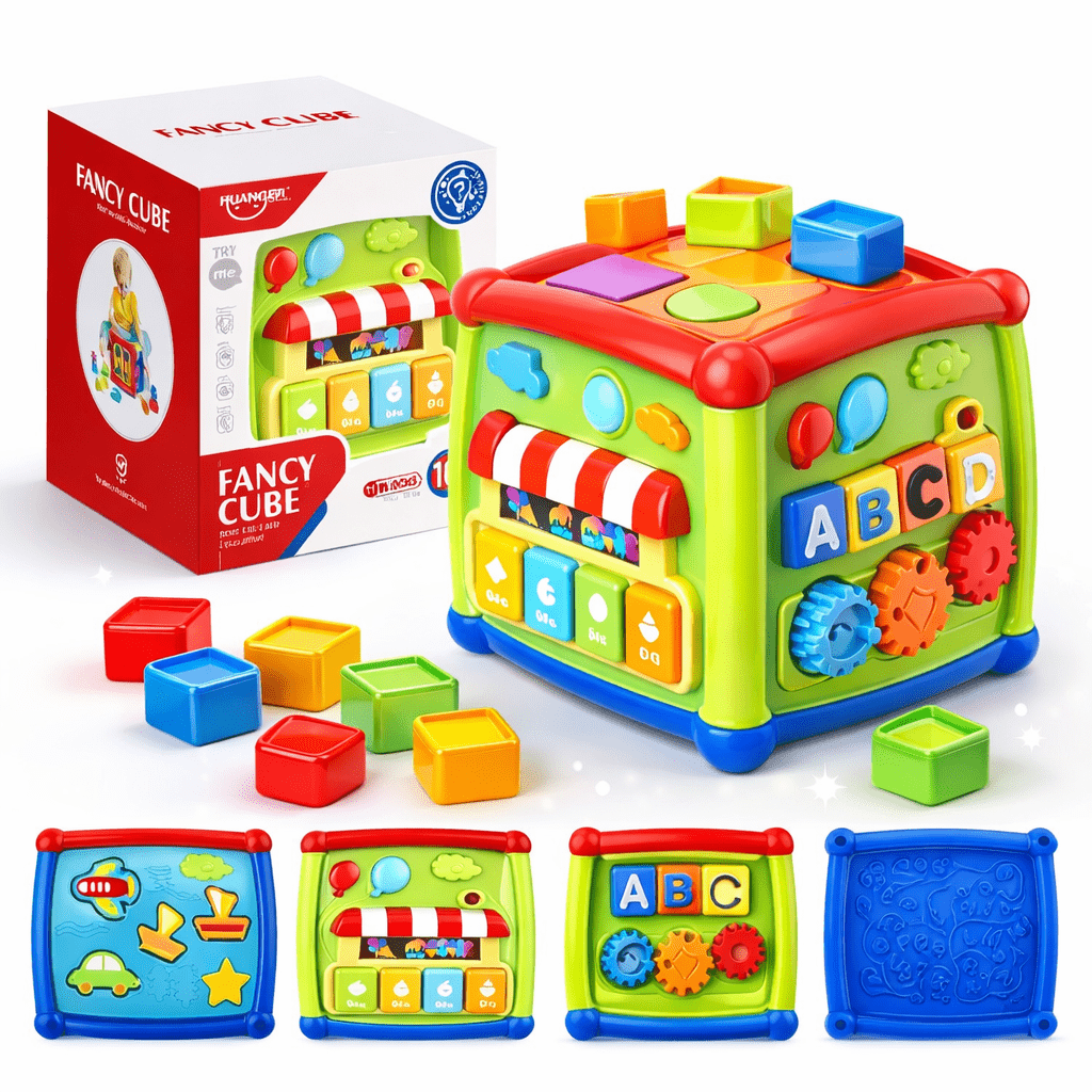 Huanger Smart Learning Activity Cube for Kids – Multi-Function Educational Play Cube with Shape Sorter, ABC Blocks & Gears