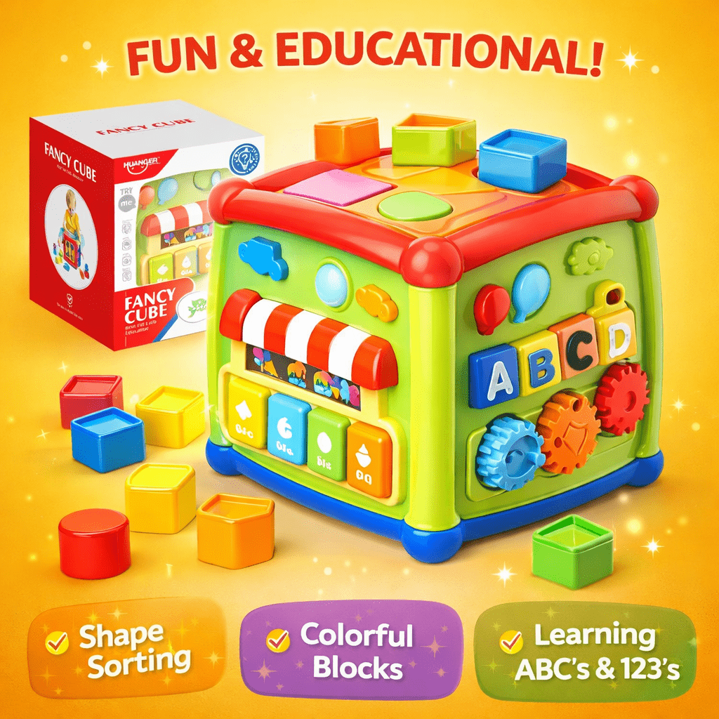 Huanger Smart Learning Activity Cube for Kids – Multi-Function Educational Play Cube with Shape Sorter, ABC Blocks & Gears
