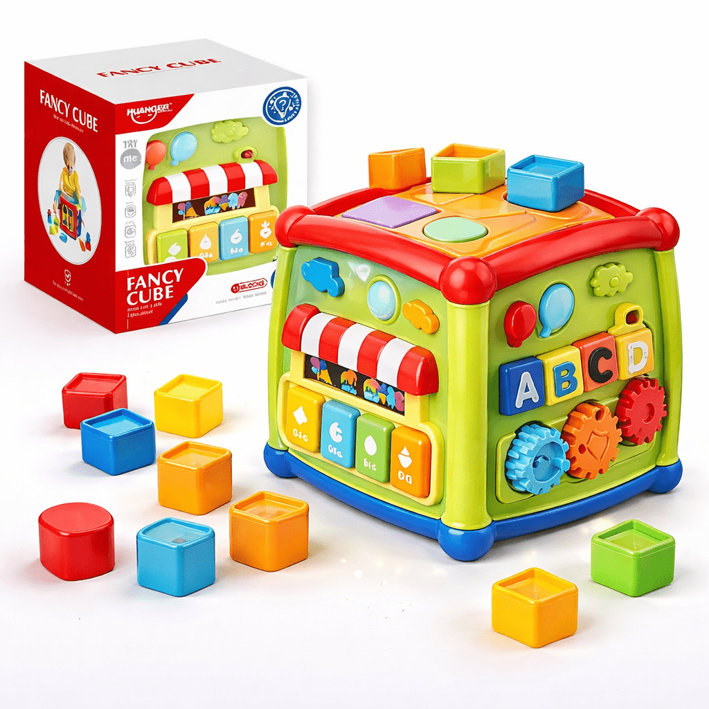 Huanger Smart Learning Activity Cube for Kids – Multi-Function Educational Play Cube with Shape Sorter, ABC Blocks & Gears