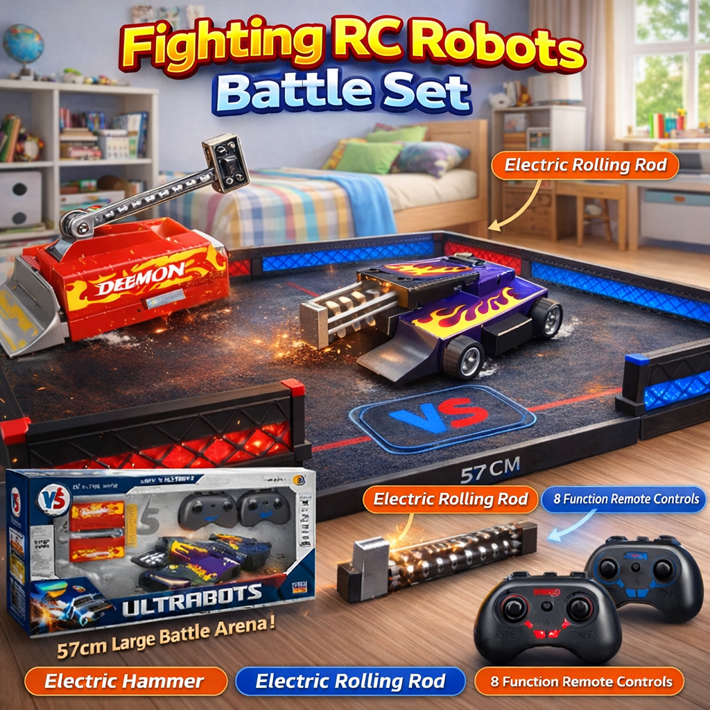 Ultrabots 2.4G RC Fighting Robot Arena Set – Dual 4WD Battle Cars with Electric Hammer & Rolling Rod