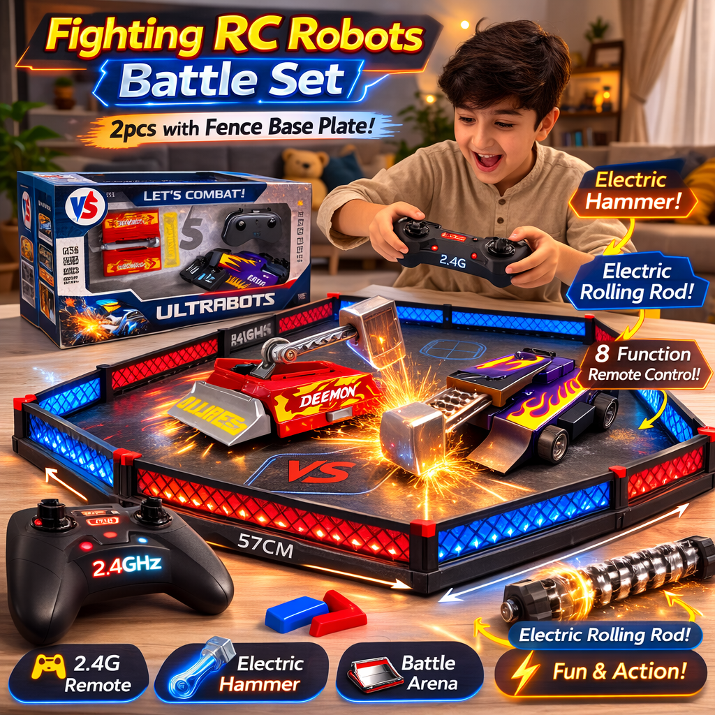 Ultrabots 2.4G RC Fighting Robot Arena Set – Dual 4WD Battle Cars with Electric Hammer & Rolling Rod